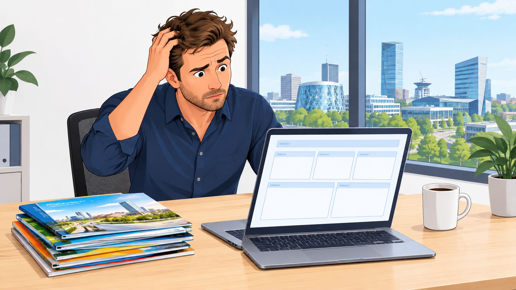 Een verwarde man in een kantoor kijkt naar zijn laptop met een stapel documenten op het bureau.