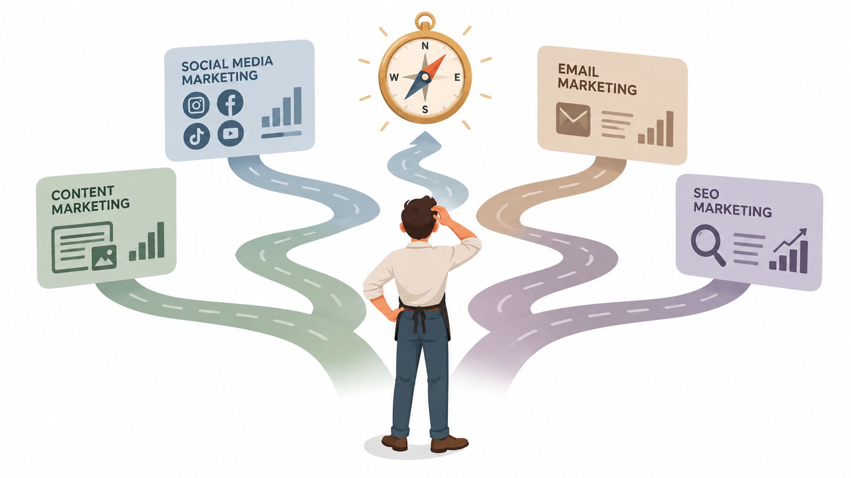 Een persoon staat voor een splitsing en kiest tussen verschillende marketingstrategieën zoals content, social media, e-mail en SEO.