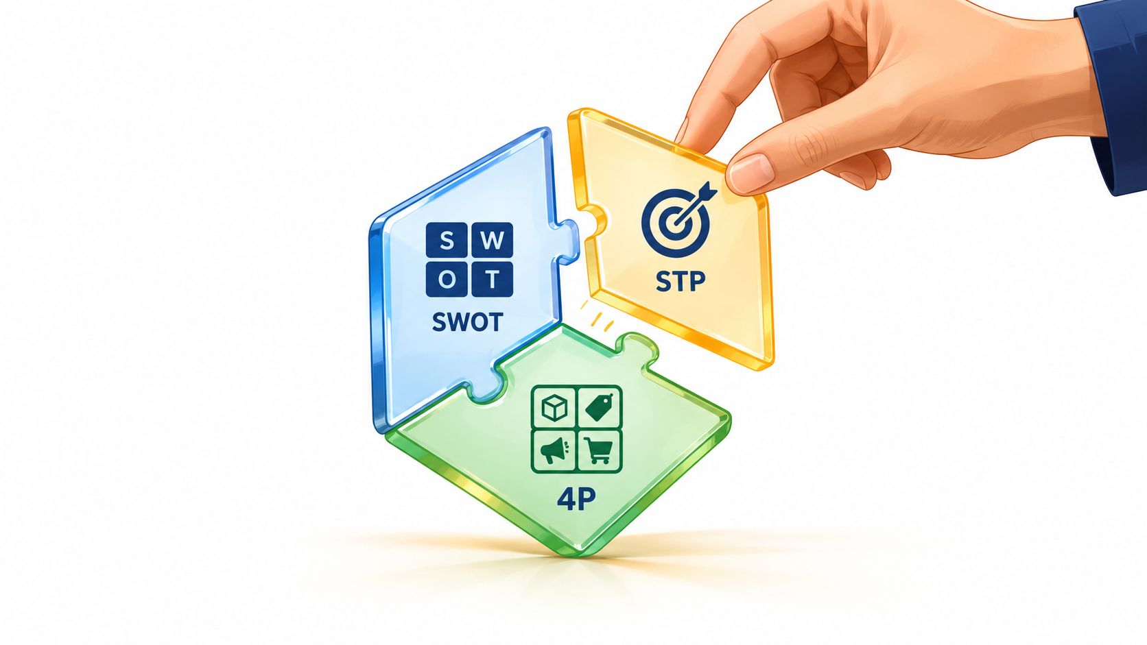 Een hand die een puzzelstuk plaatst met marketingstrategie modellen zoals SWOT, STP en de 4P's
