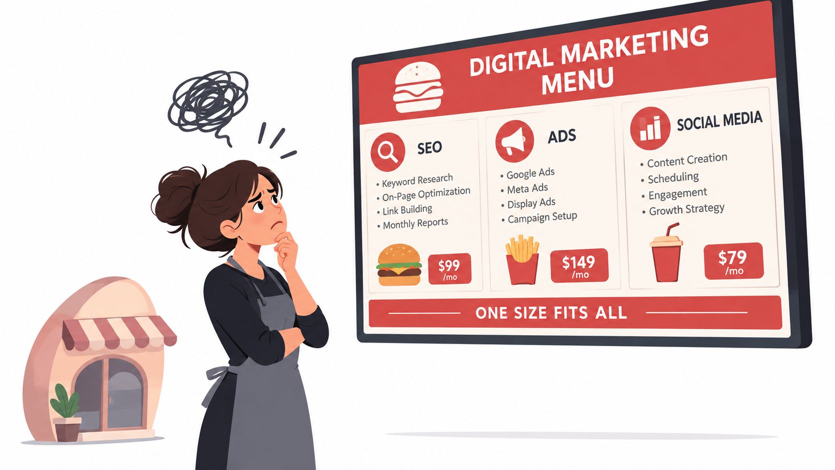 Een twijfelende ondernemer kijkt naar een menukaart met online marketingpakketten voor haar kleine winkel.