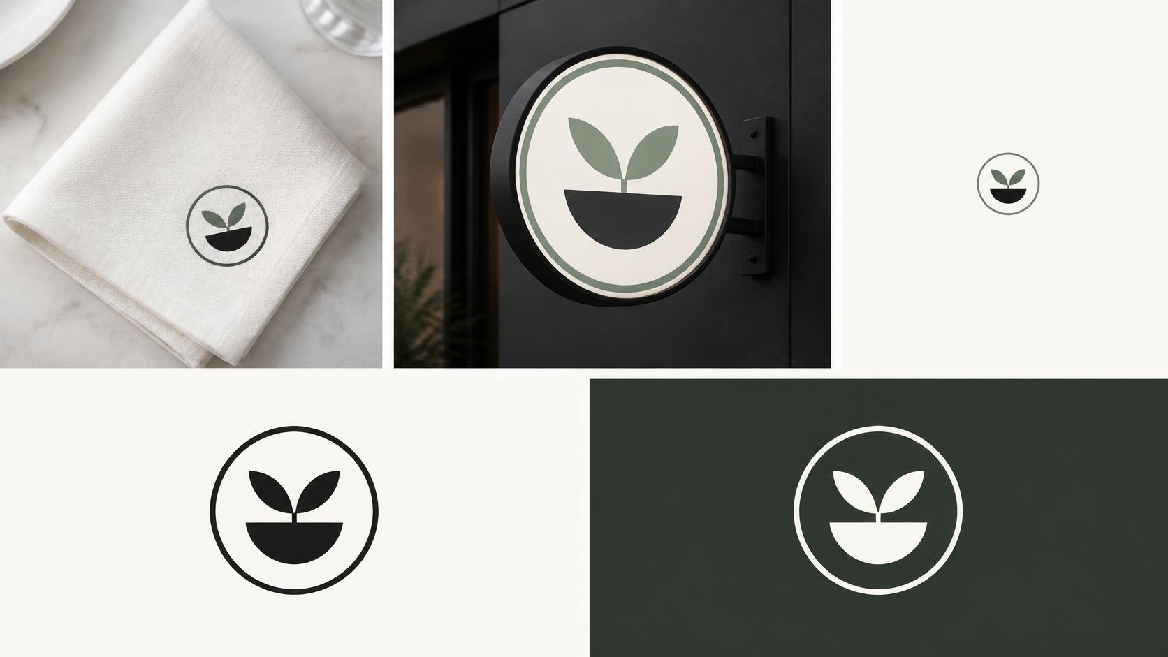 Een minimalistisch logo van een plant in een pot voor een restaurant huisstijl op verschillende ondergronden.