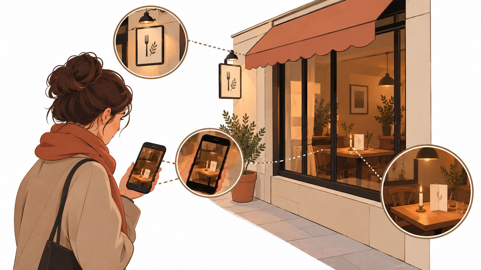 Een jonge vrouw kijkt op haar smartphone naar de menukaart en huisstijl van een sfeervol restaurant.