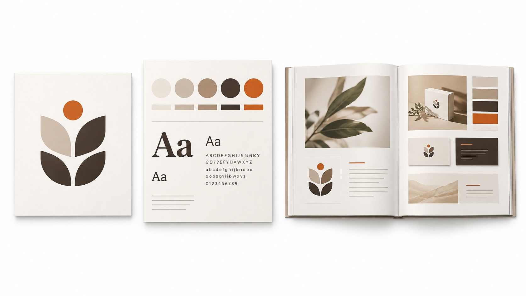 Een grafisch ontwerp overzicht van een visuele identiteit met kleurenpalet, typografie en mockups van branding materialen.